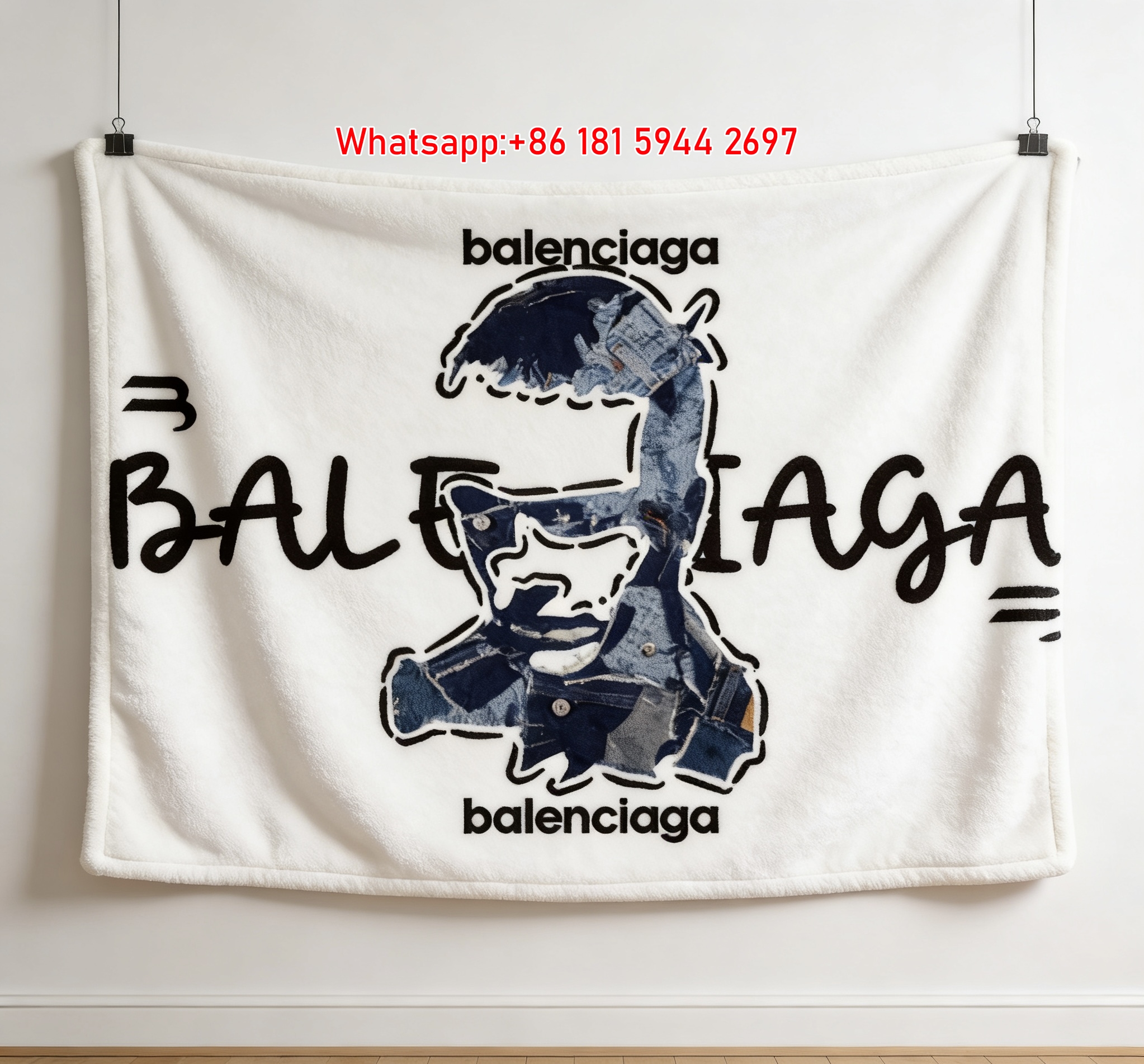 Balenciaga Denim Patchwork Art Flannel Sofa Throw Blanket for Wall Hanging BA094